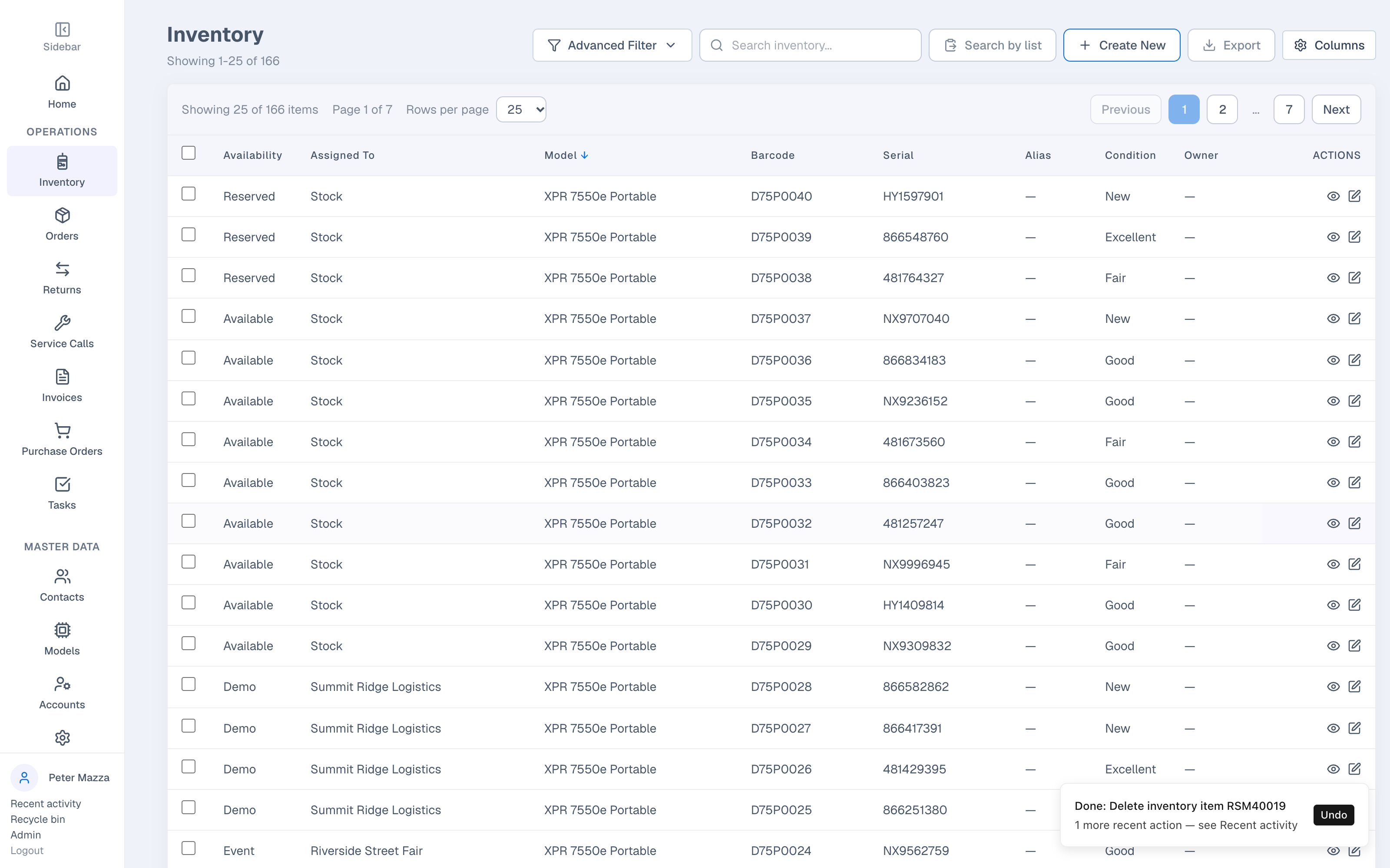Screenshot of the DMSCommand inventory table showing radios with their availability, assigned customer, model, barcode and condition