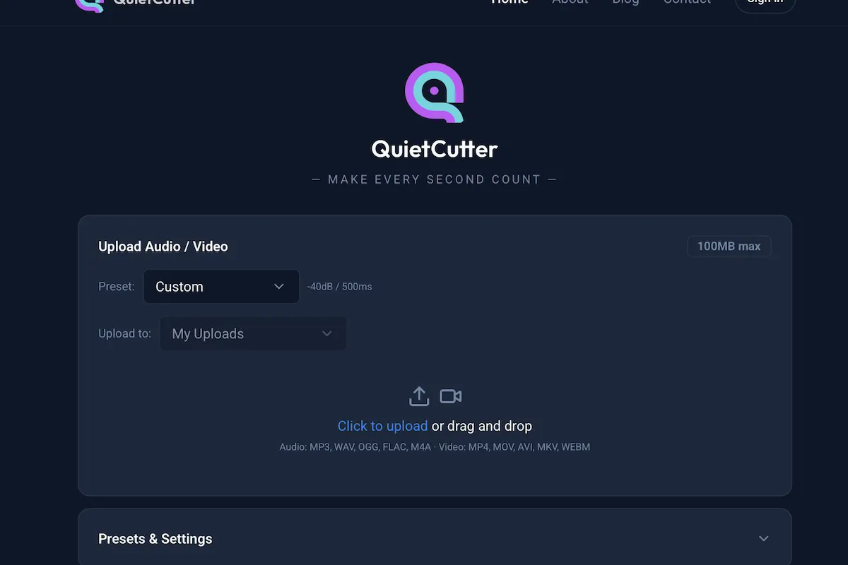 QuietCutter web app project preview