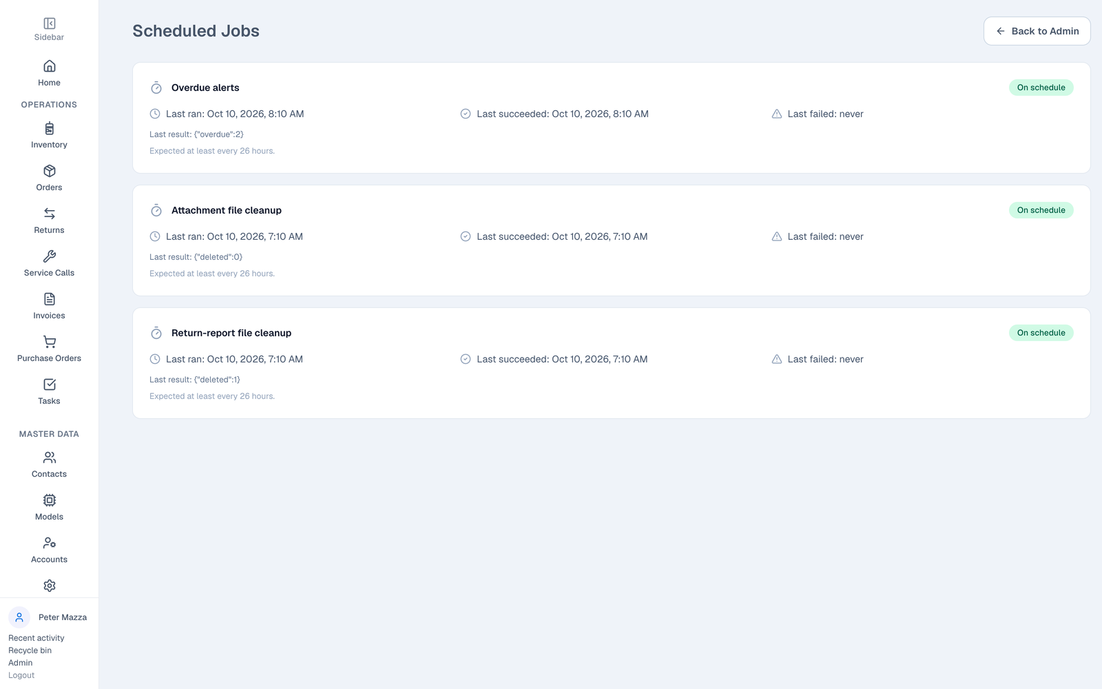 Admin page listing three daily scheduled jobs — overdue alerts, attachment cleanup, report cleanup — each showing when it last ran and last succeeded