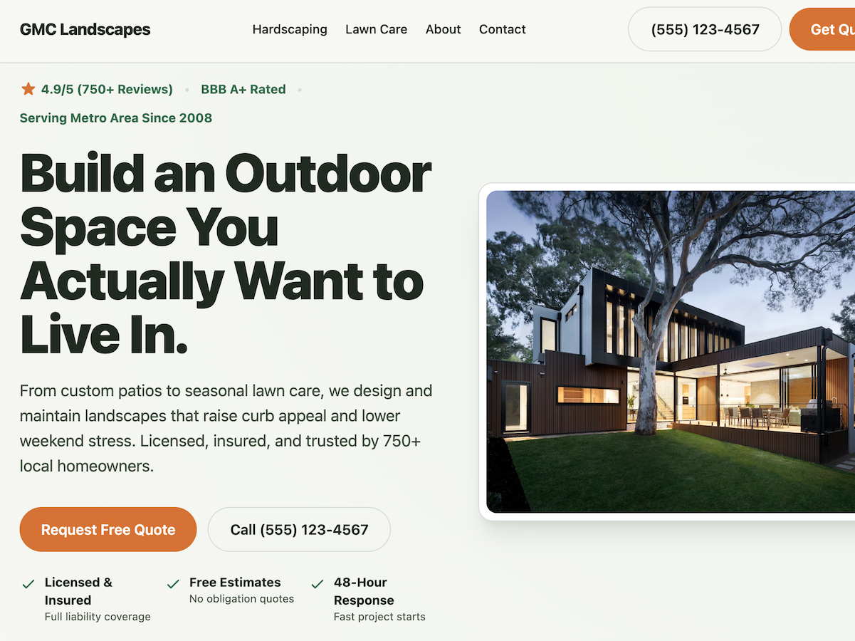 GMC Landscapes - Local Service website with 95 Lighthouse Score, 40% ↑ Quote Requests, Mobile-First